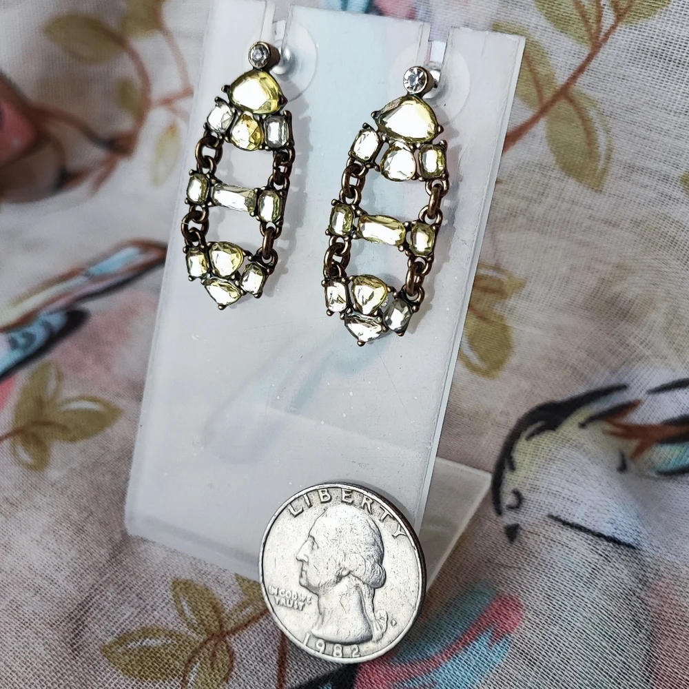 J. Crew Citrine Color Stones With Clear Rhinestones Signed Pierced Earrings EUC